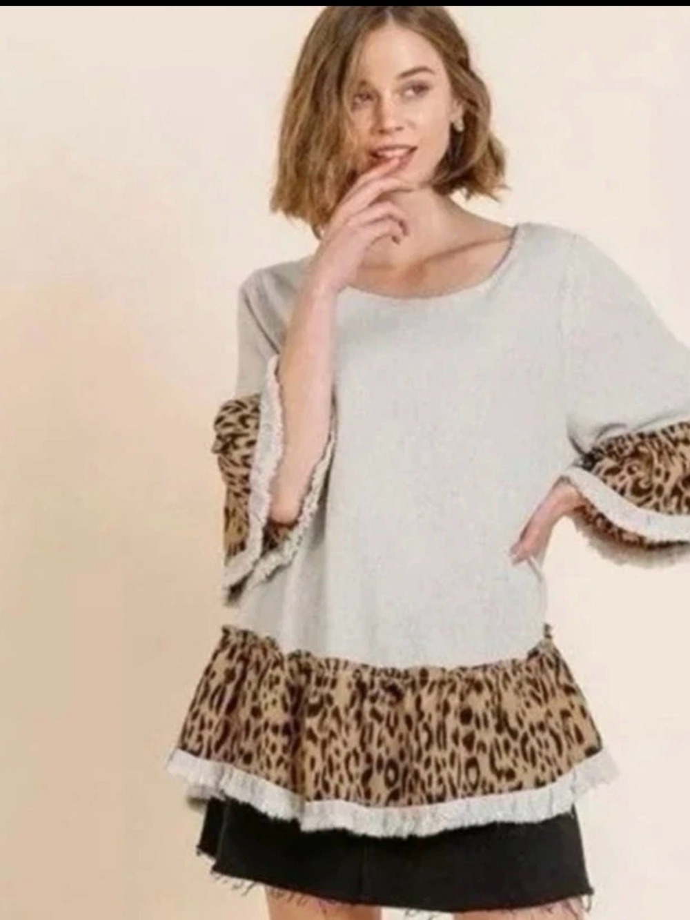 Umgee Linen Blend Blouse Women M Beige‎ Leopard Print Fringe Tiered Top